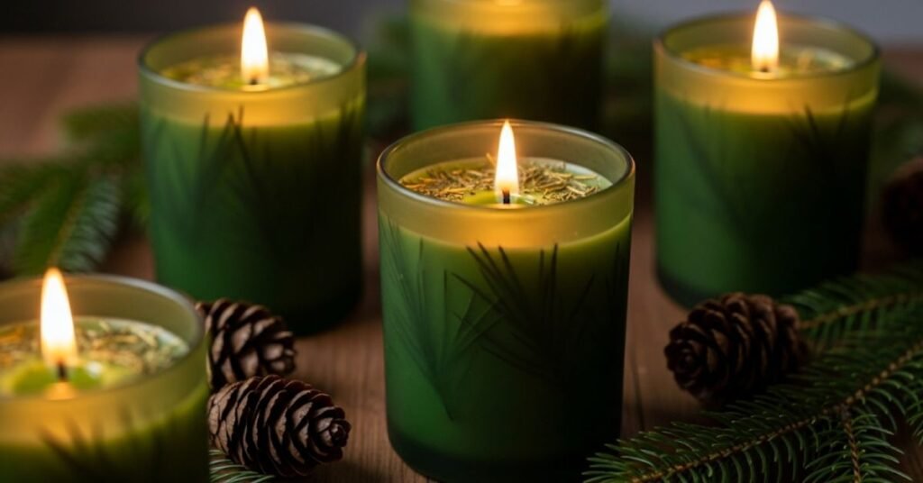 A close-up image of dark green candles scented like pine needles, surrounded by pine cones and branches.