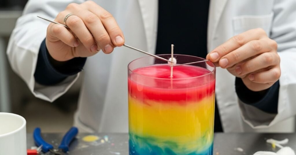 A detailed image showing a professional candle maker using a wick needle to position a wick in a candle mold.