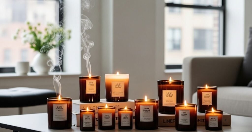 The image displays a selection of low-smoke candles in a stylish New York City apartment. - Will a Candle Smoke Alarm Go Off from Burning a Candle -bathandbodyworkscandles.store