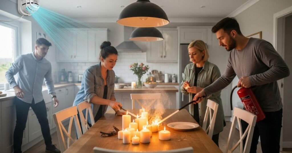 The image shows a chaotic scene within a home where lit candles have triggered the smoke alarm. - Will a Candle Smoke Alarm Go Off from Burning a Candle -bathandbodyworkscandles.store