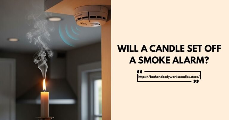 A flickering candle is placed near a smoke alarm in a kitchen, with smoke rising and the alarm sounding. - Will a Candle Set Off a Smoke Alarm - Candle smoke alarm- bathandbodyworkscandles.store