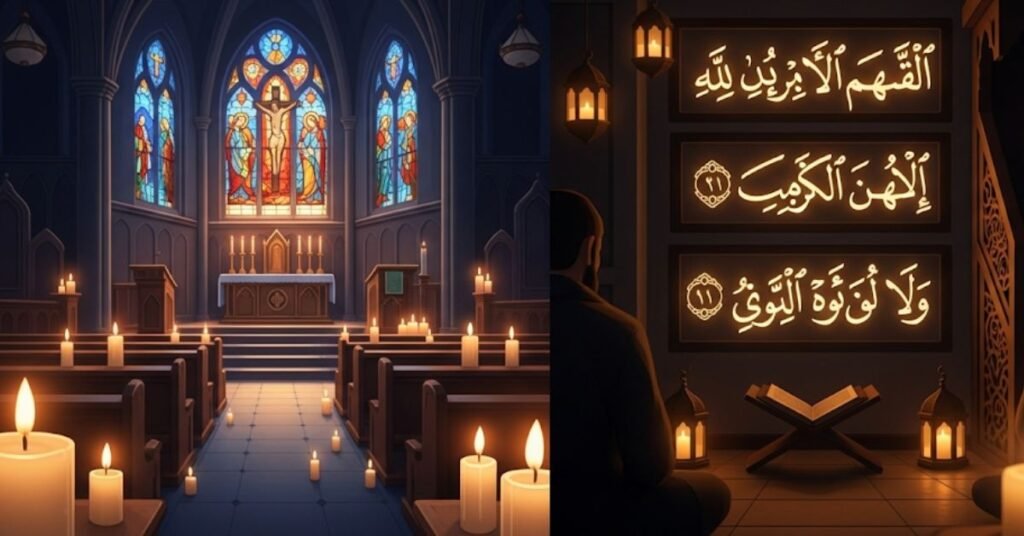 An illustration showing candles used in both Christian churches and Muslim mosques to create a serene atmosphere.