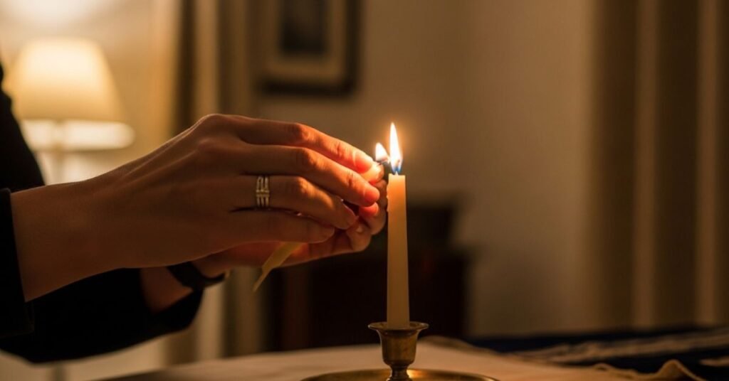 Person lighting a Yahrzeit candle in memory of grandparents in a cozy home.
Do You Light Yahrzeit Candles for Grandparents? By bathandbodyworkscandles.store