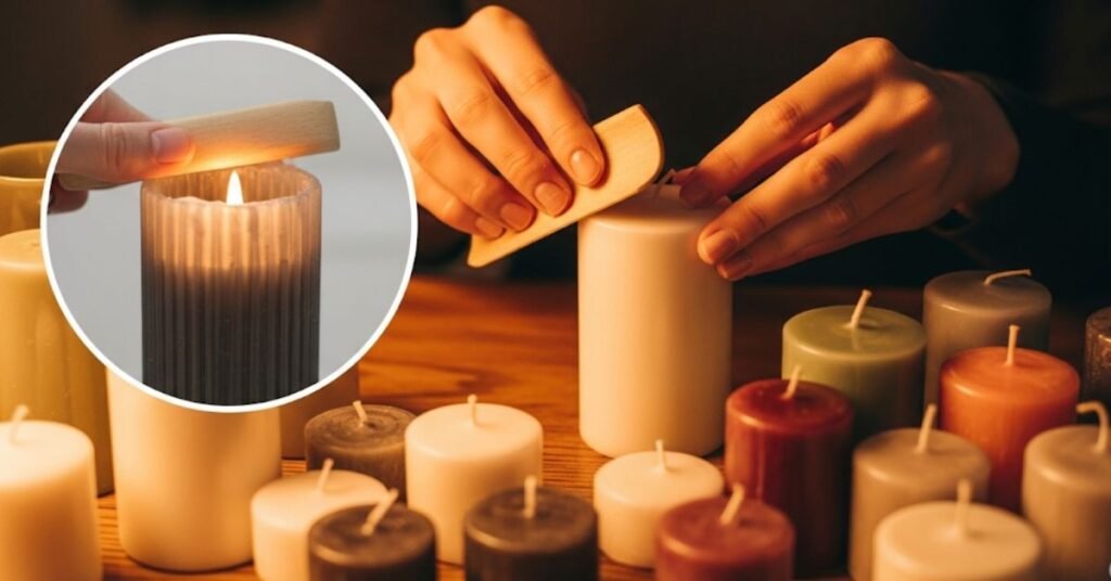 A detailed image of a person's hands carefully curing homemade candles. - bathandbodyworkscandles.store