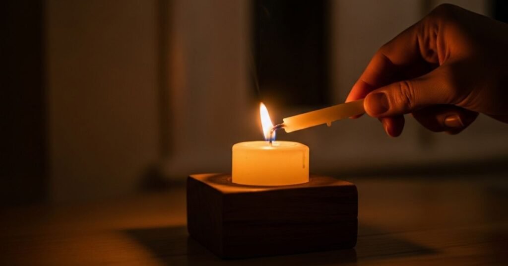 A close-up image of a hand lighting a citronella candle indoors. Can You Light Citronella Candles Indoors? By bathandbodyworkscandles.store