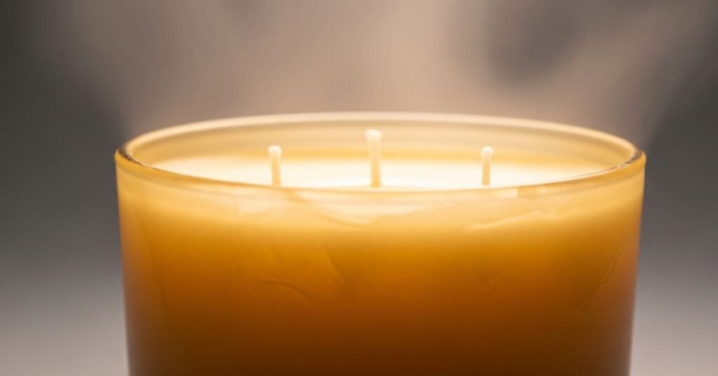 A detailed close-up, studio shot of a candle curing process, with a soft, warm lighting creating a hazy glow around the candle. - bathandbodyworkscandles.store