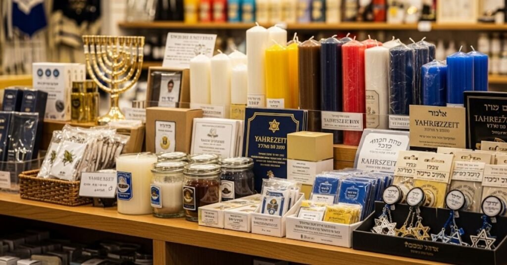 Store shelf filled with packaged Yahrzeit candles available locally. bathandbodyworkscandles.store