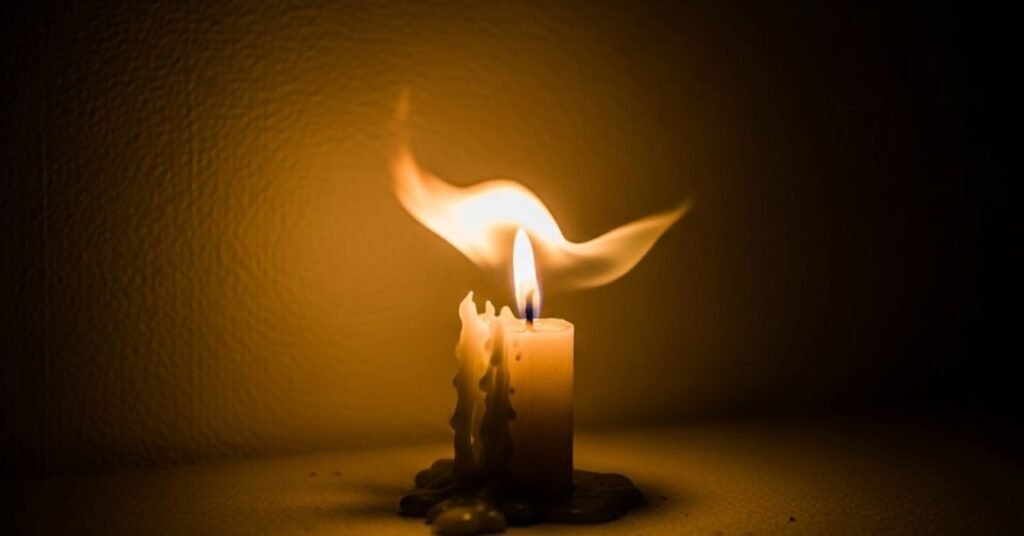 A single candle, its soft, warm light dancing in the gentle breeze, flickers within a darkened room. By bathandbodyworkscandles.store